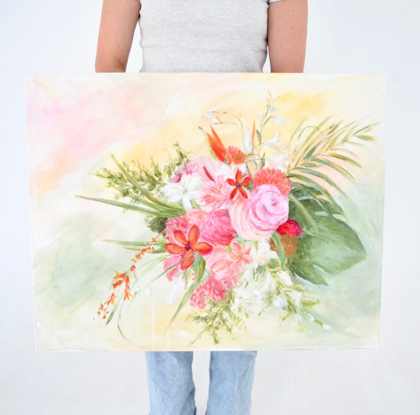 Bright bouquet preserved in painting for wedding day present.