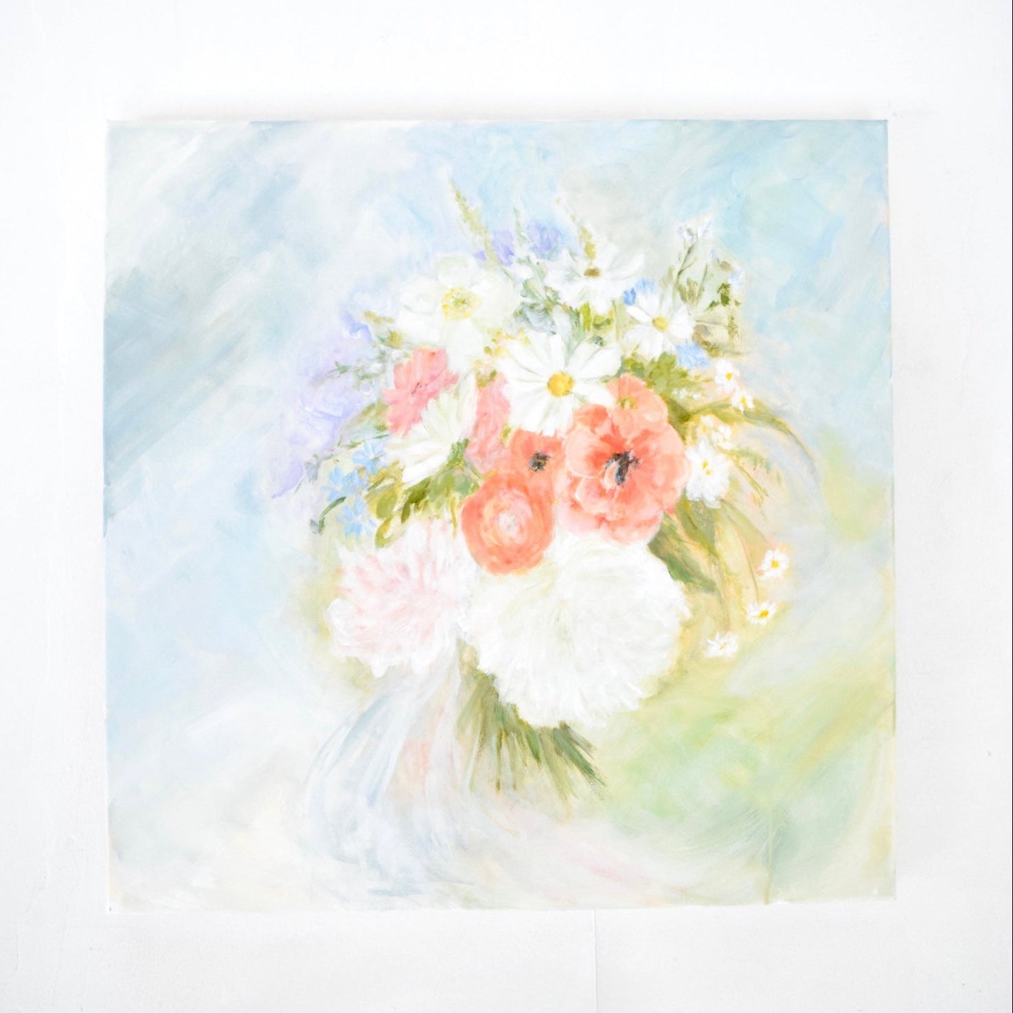 Watercolor still-life painting of wedding bouquet.