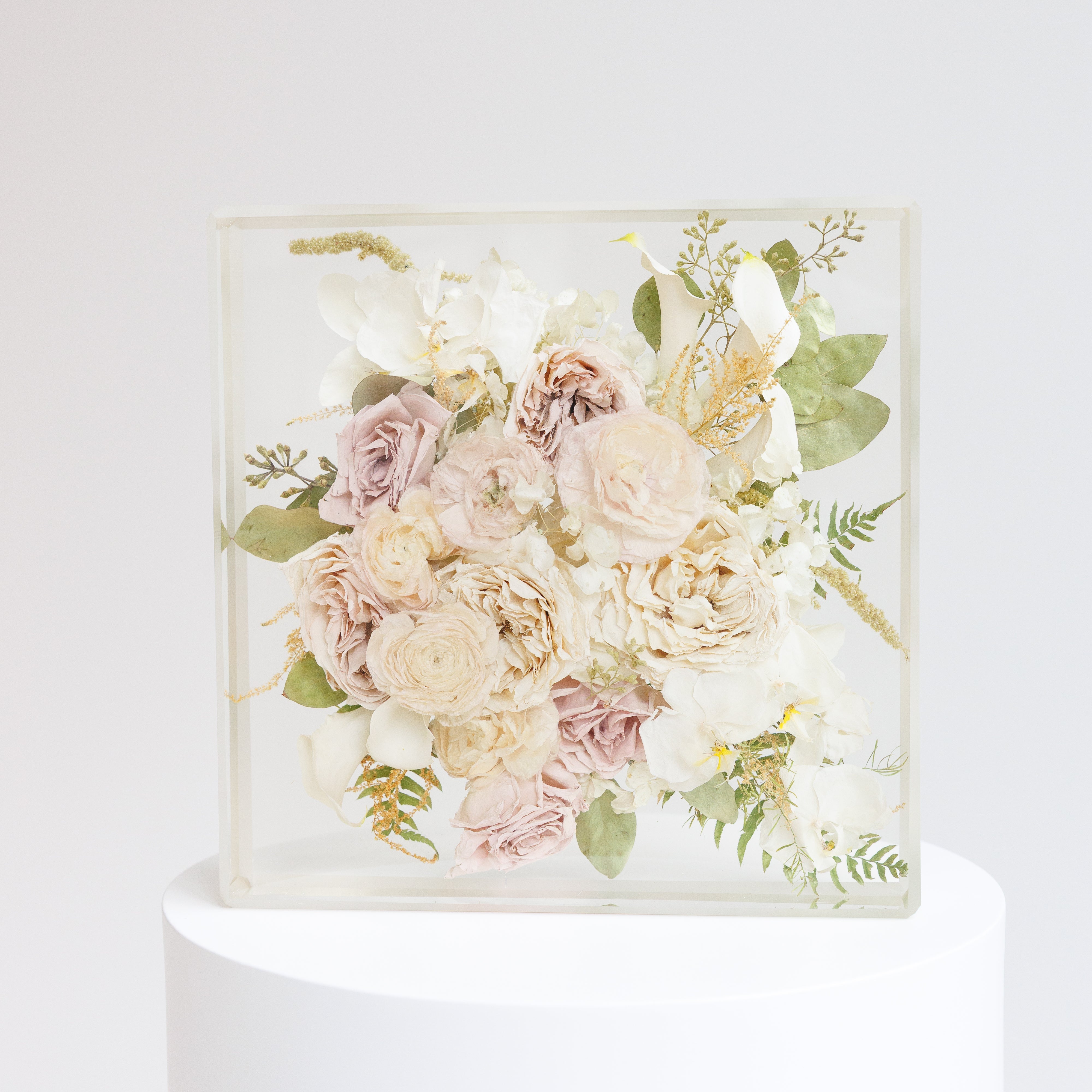 12x12 custom resin floral block handcrafted with preserved wedding flowers for a timeless display keepsake