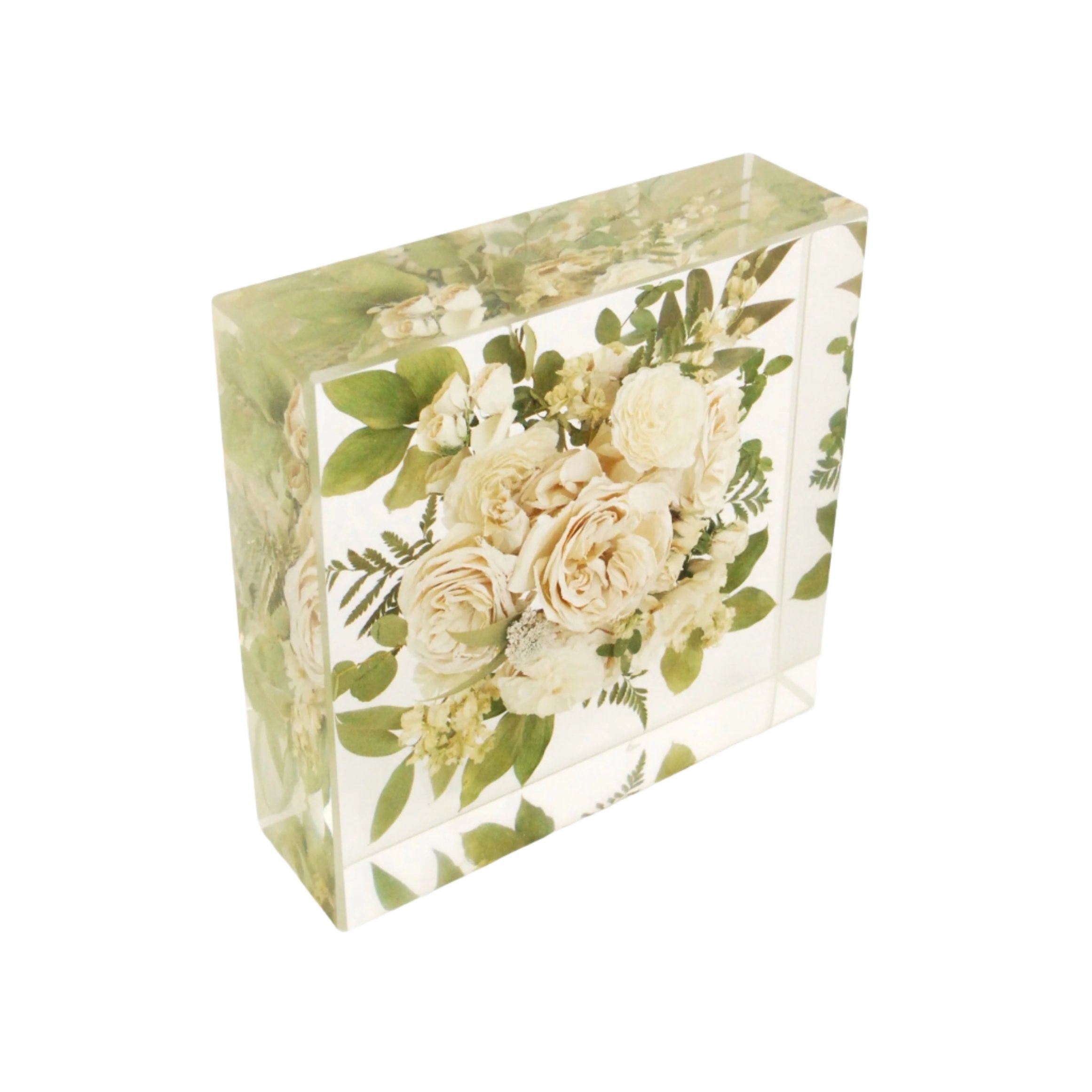 Resin floral block 12x12  handcrafted with preserved wedding bouquet flowers in clear resin by Blossom & Rhyme