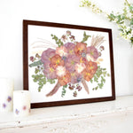 Pressed 16x20 floral  frame featuring preserved mauve cosmos, peach poppies, blue thistles, eucalyptus, bunny tail grass, seed pods, and botanical greenery in a walnut wood frame, handcrafted by Blossom & Rhyme