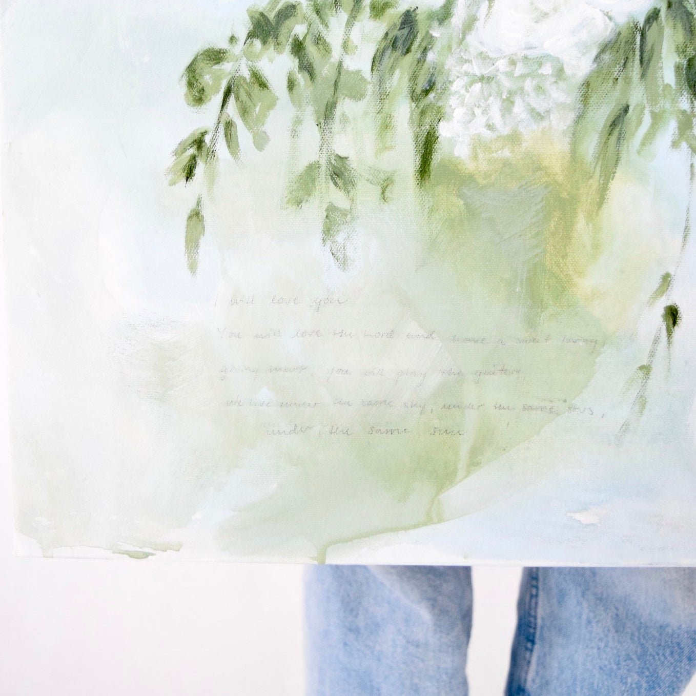 Love poem written into painting of wedding bouquet in custom art piece.