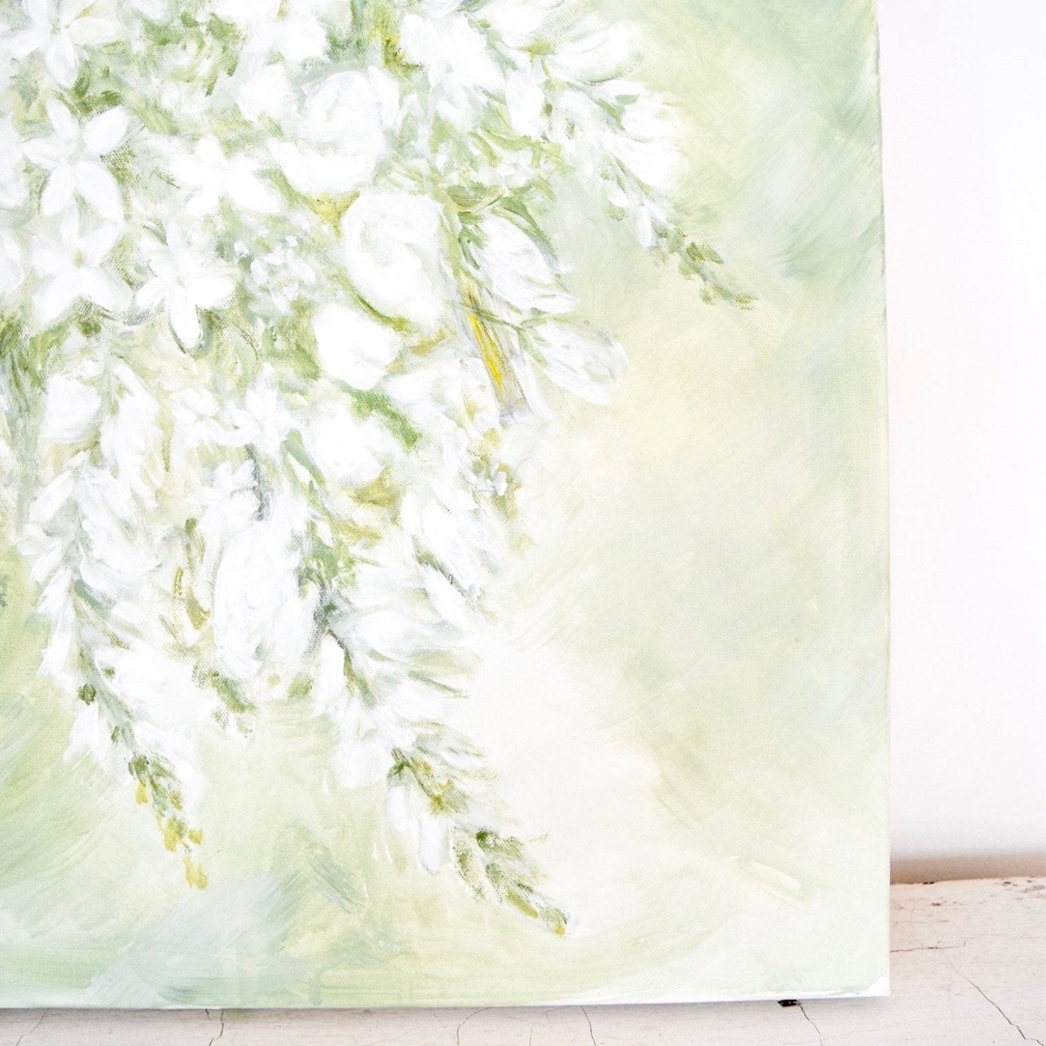 Detailed shot of painted memorial flowers on canvas.
