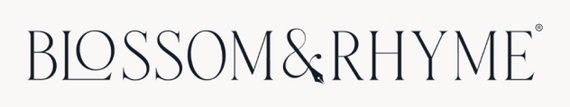 Blossom & Rhyme white wordmark logo for wedding flower preservation studio