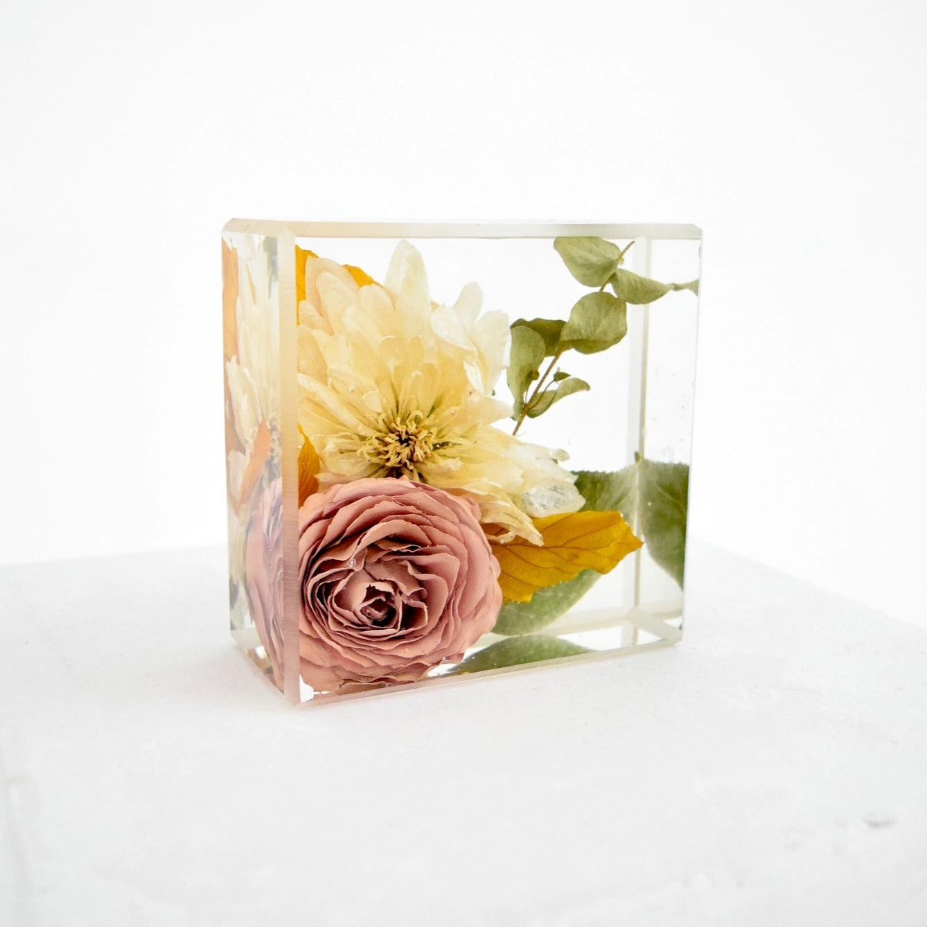 Mini resin floral block handcrafted with preserved wedding bouquet flowers by Blossom & Rhyme