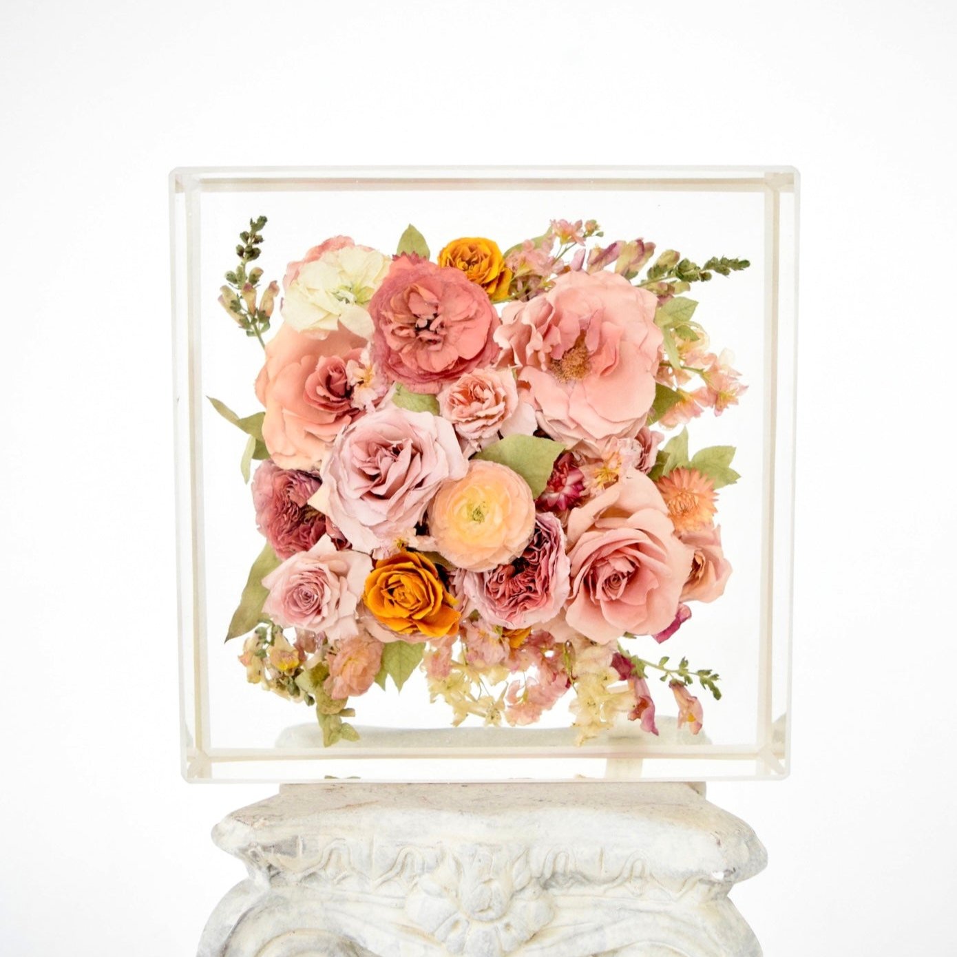 Pretty pink wedding bouquet preserved in a handcrafted resin floral block by Blossom & Rhyme