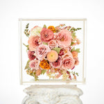Pretty pink wedding bouquet preserved in a handcrafted resin floral block by Blossom & Rhyme