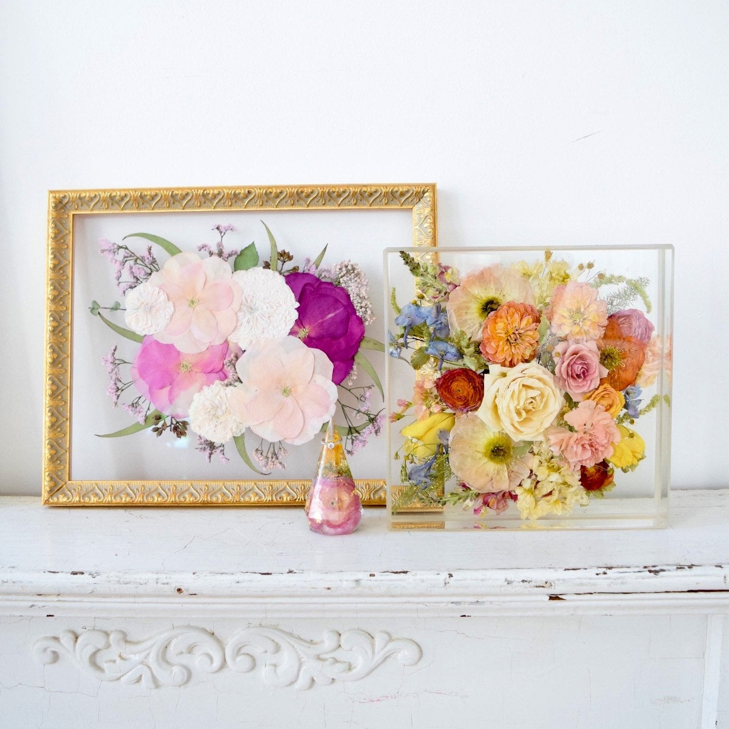 Collection of preserved hyacinth flowers handcrafted into custom floral keepsakes.