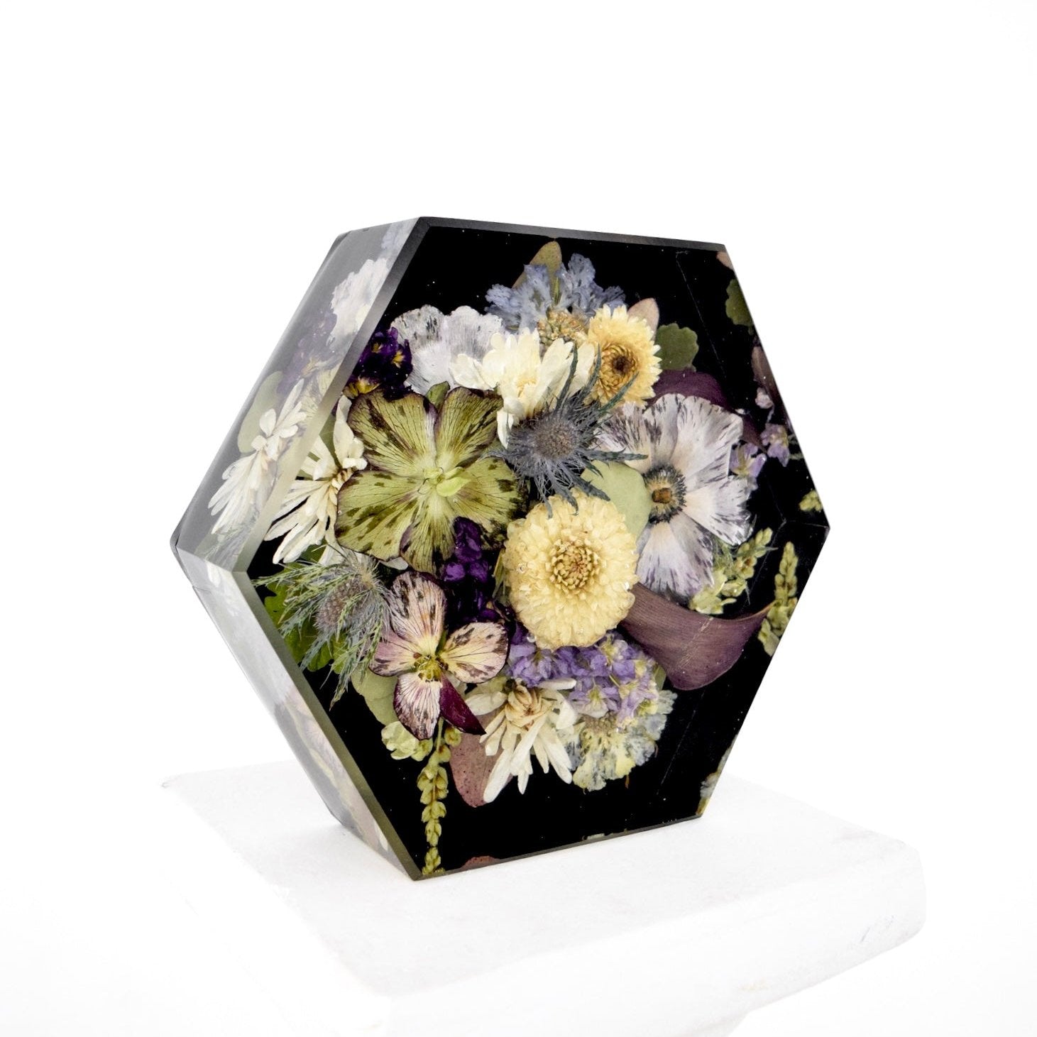 Large pressed floral hexagon handcrafted with preserved wedding bouquet flowers by Blossom & Rhyme