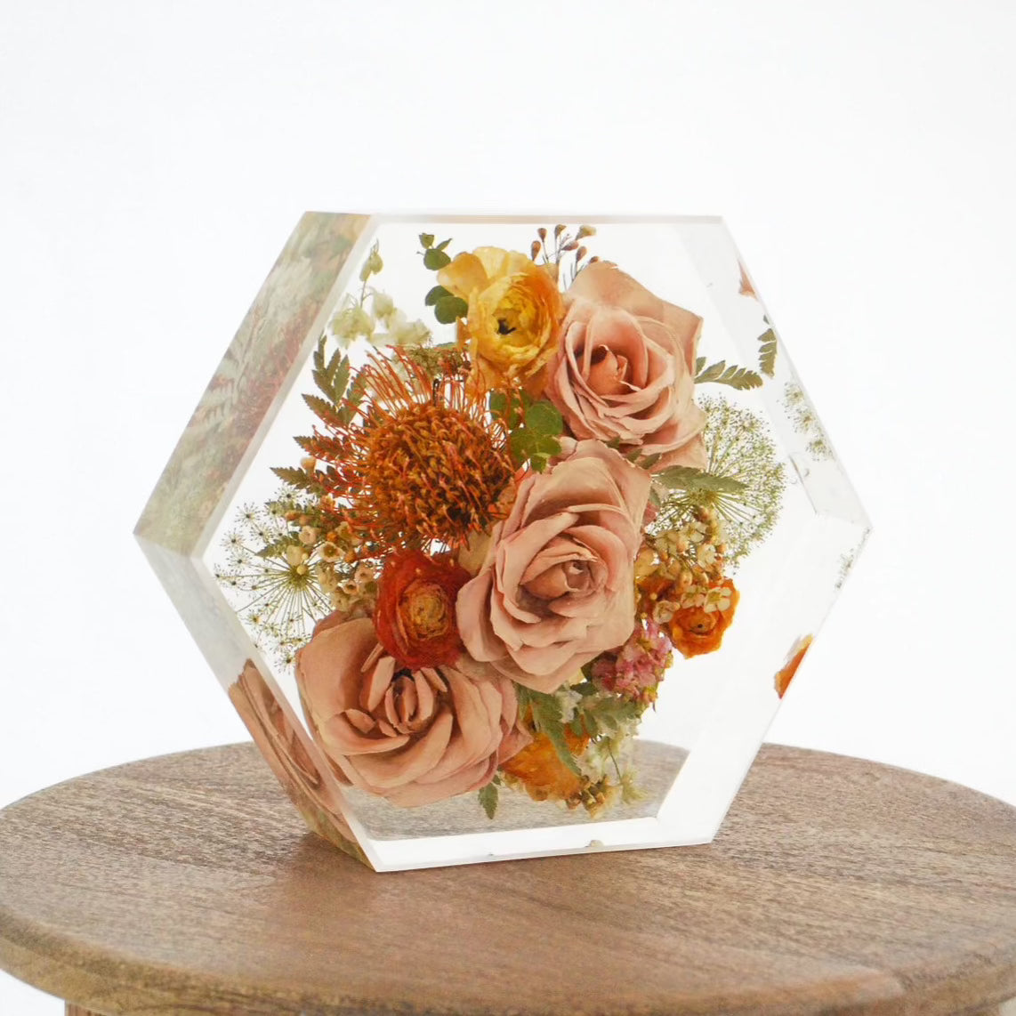 Large pressed floral hexagon handcrafted with preserved wedding bouquet flowers by Blossom & Rhyme