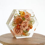 Large pressed floral hexagon handcrafted with preserved wedding bouquet flowers by Blossom & Rhyme