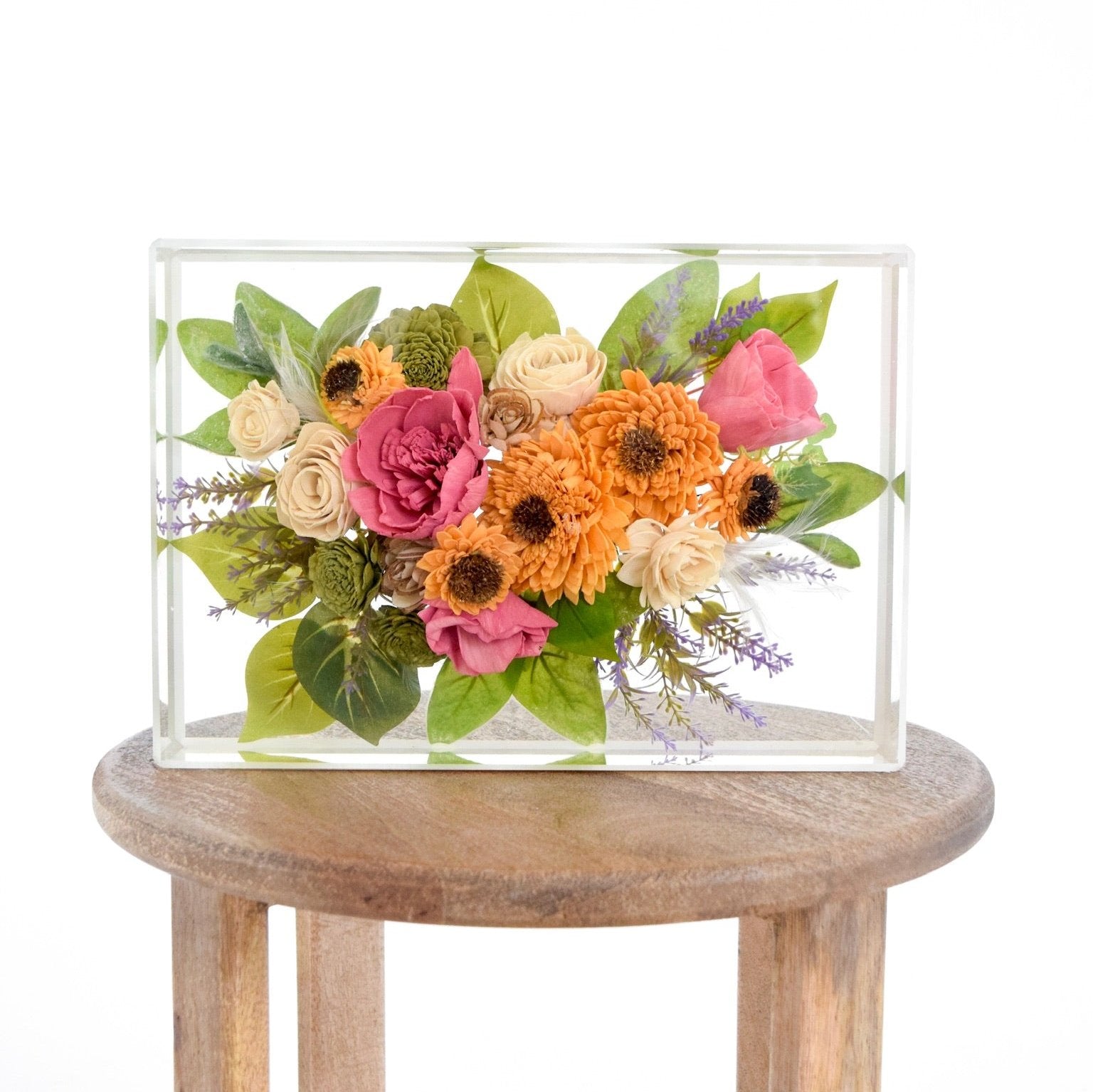Large floral rectangle preserving pink peonies, orange chrysanthemums, cream spray roses, green chrysanthemums, lavender sprigs, eucalyptus, and lush botanical greenery in clear resin, handcrafted by Blossom & Rhyme