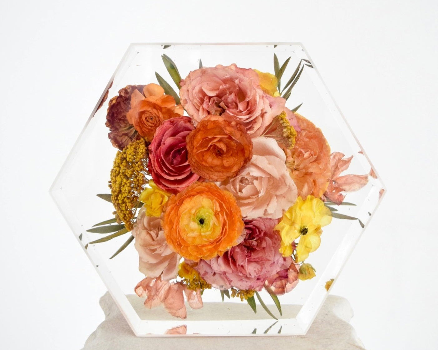 Large pressed floral hexagon handcrafted with preserved wedding bouquet flowers by Blossom & Rhyme