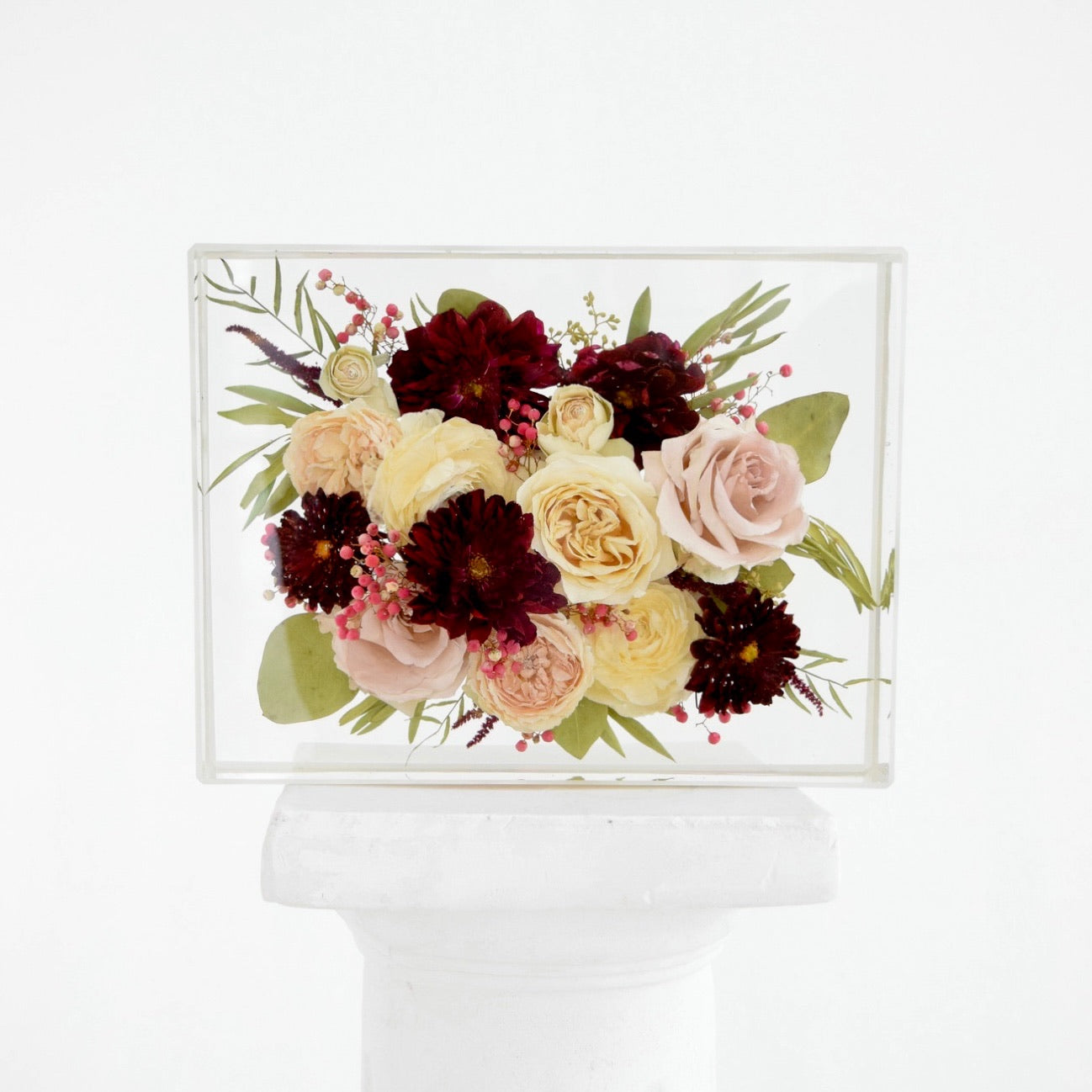 Large floral rectangle preserving ivory roses, blush blooms, burgundy flowers, eucalyptus, and delicate accents in clear resin, handcrafted by Blossom & Rhyme