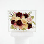 Large floral rectangle preserving ivory roses, blush blooms, burgundy flowers, eucalyptus, and delicate accents in clear resin, handcrafted by Blossom & Rhyme