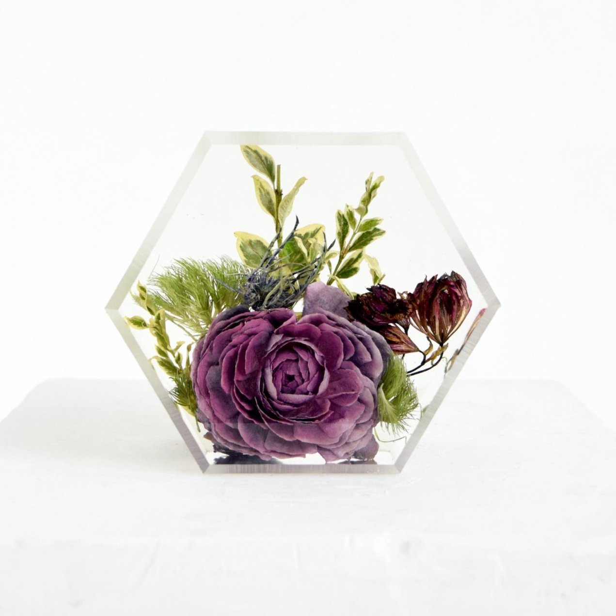 Mini pressed floral hexagon handcrafted with preserved wedding bouquet flowers by Blossom & Rhyme
