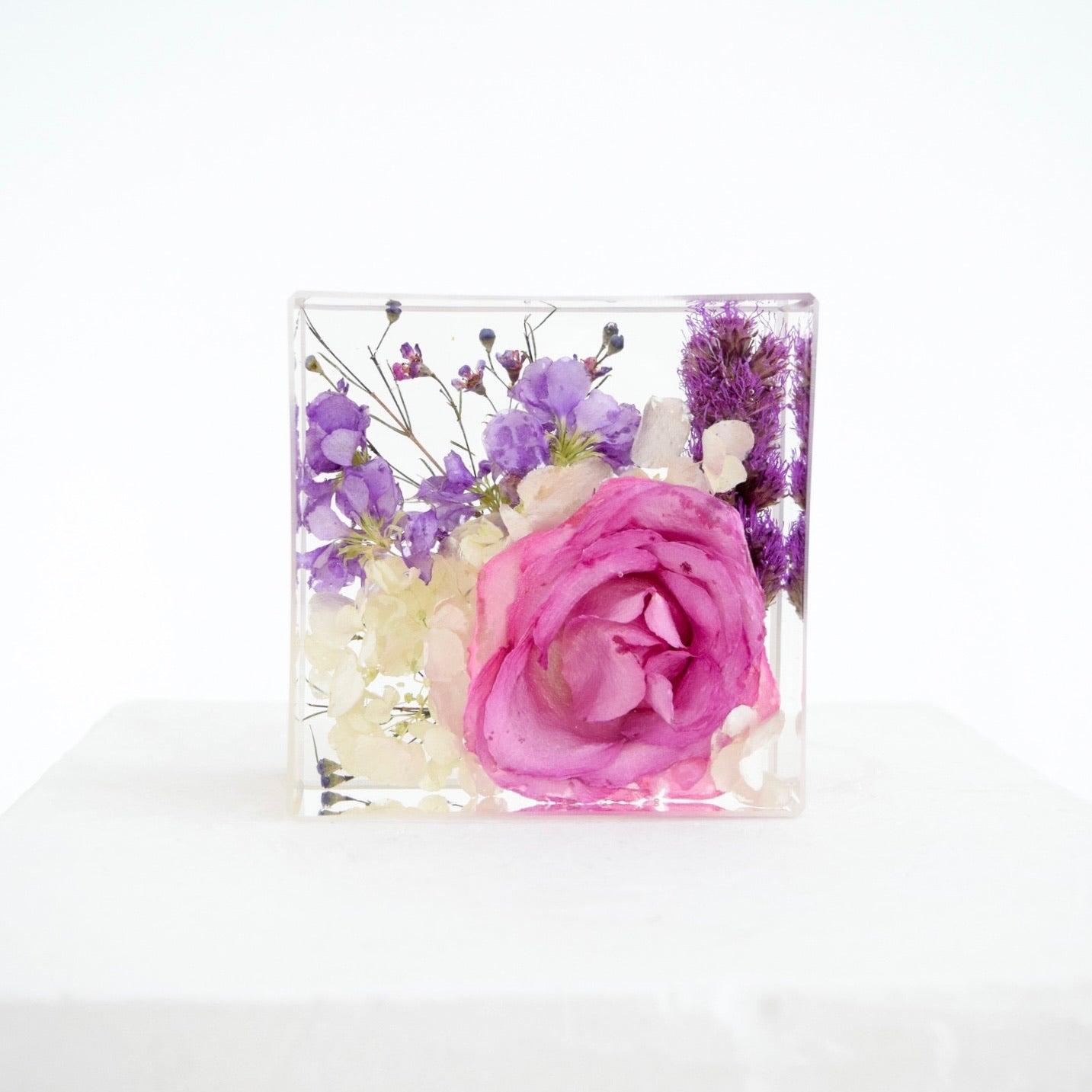 Mini resin floral block preserving white and pink wedding flowers handcrafted by Blossom & Rhyme
