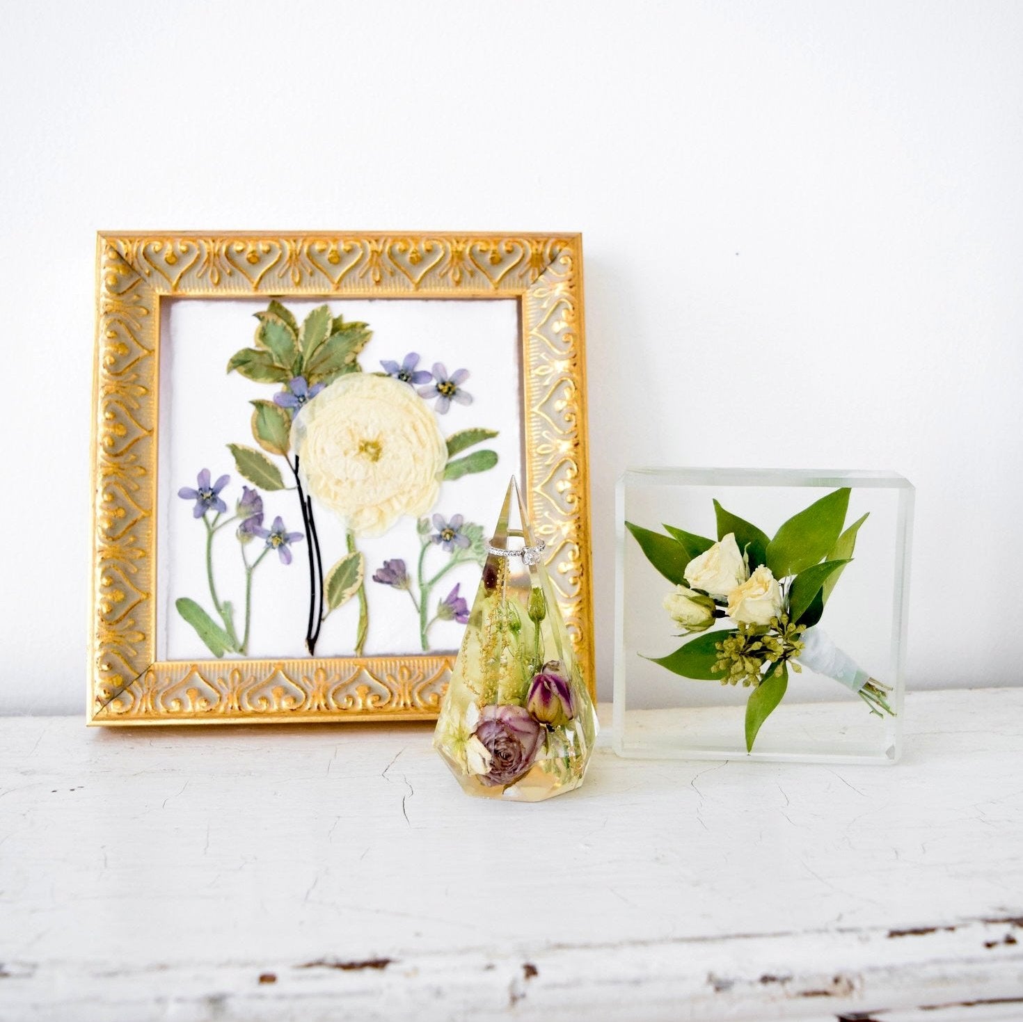 Petite Petals Collection featuring handcrafted resin and pressed flower keepsakes created from preserved wedding bouquets by Blossom & Rhyme