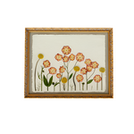 Pressed 11x14  floral frame featuring preserved pink cosmos, yellow billy buttons, delicate wildflowers, and botanical stems arranged in an ornate gold frame, handcrafted by Blossom & Rhyme