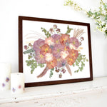 Pressed 16x20 floral  frame featuring preserved mauve cosmos, peach poppies, blue thistles, eucalyptus, bunny tail grass, seed pods, and botanical greenery in a walnut wood frame, handcrafted by Blossom & Rhyme