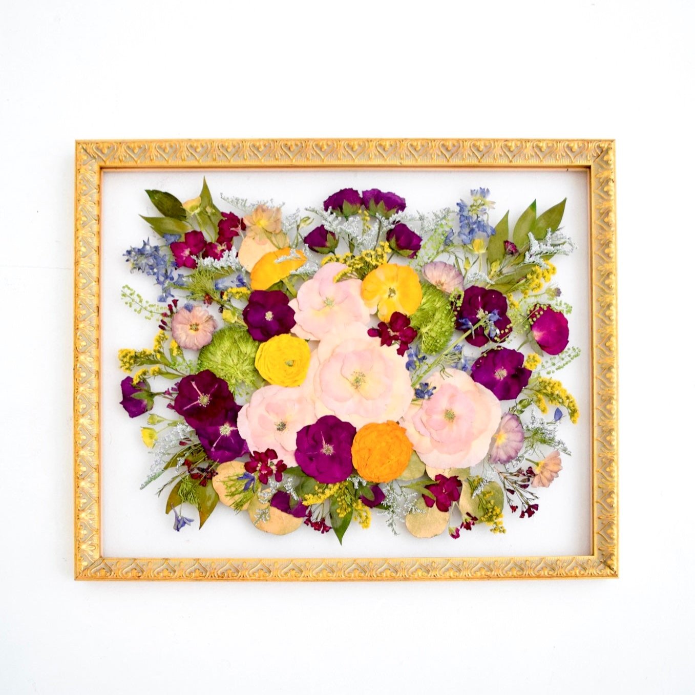 18x24 Pressed floral frame preserving pink, purple, yellow, and blue wedding flowers, handcrafted by Blossom & Rhyme