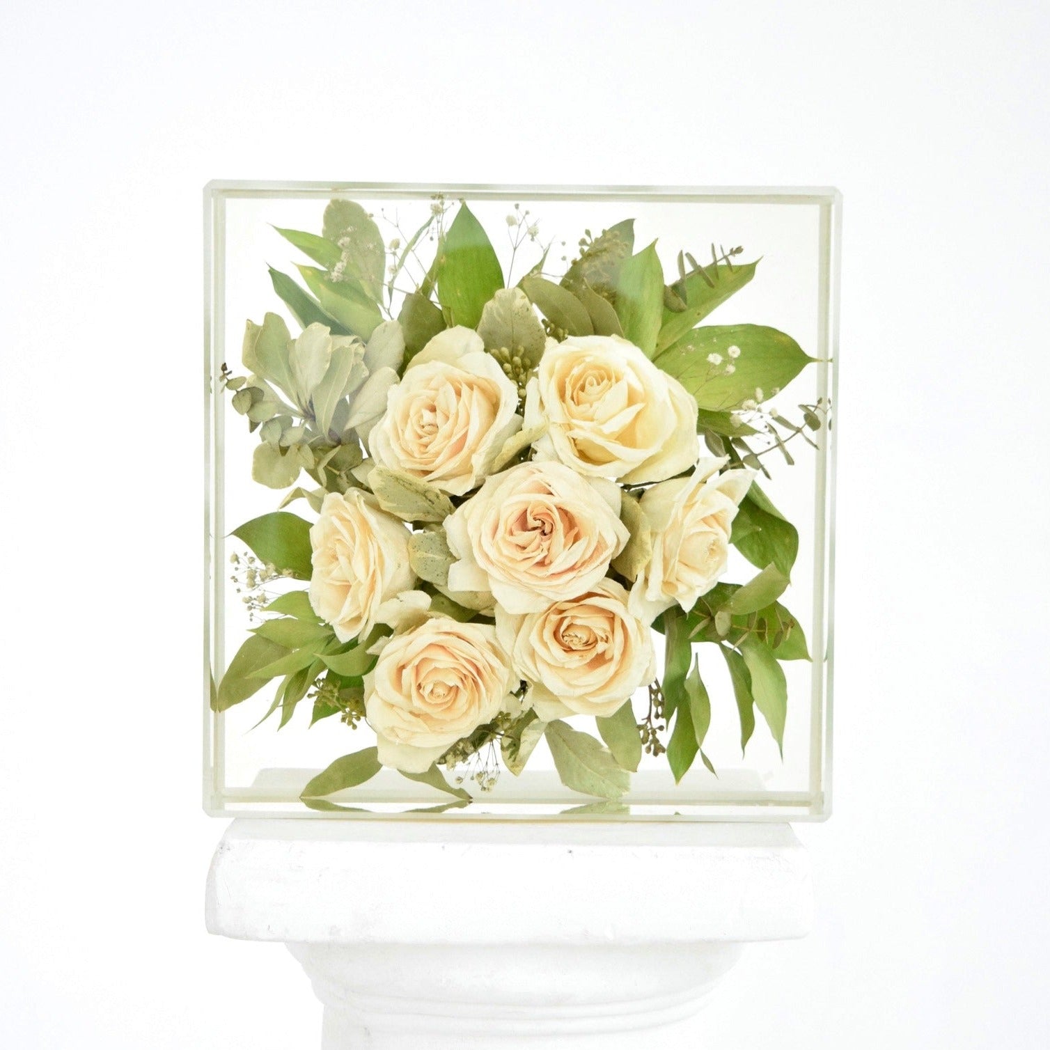 Resin 10x10 floral block preserving ivory garden roses, spray roses, eucalyptus, and botanical greenery in clear resin, handcrafted by Blossom & Rhyme