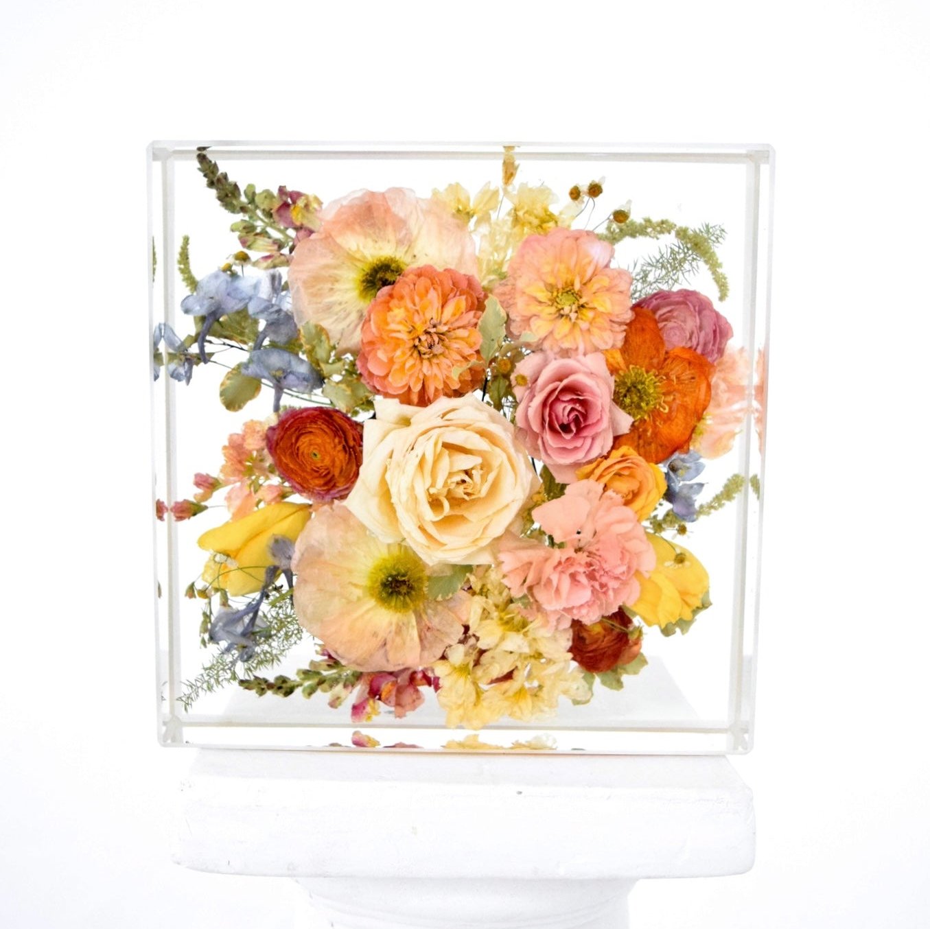 Resin floral block 10x10  handcrafted with preserved wedding bouquet flowers by Blossom & Rhyme