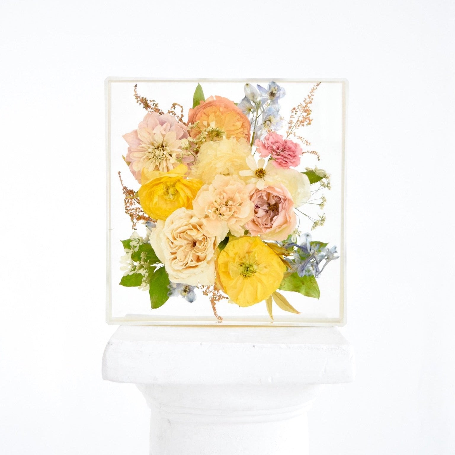 10x10 resin floral block handcrafted with preserved wedding bouquet flowers by Blossom & Rhyme
