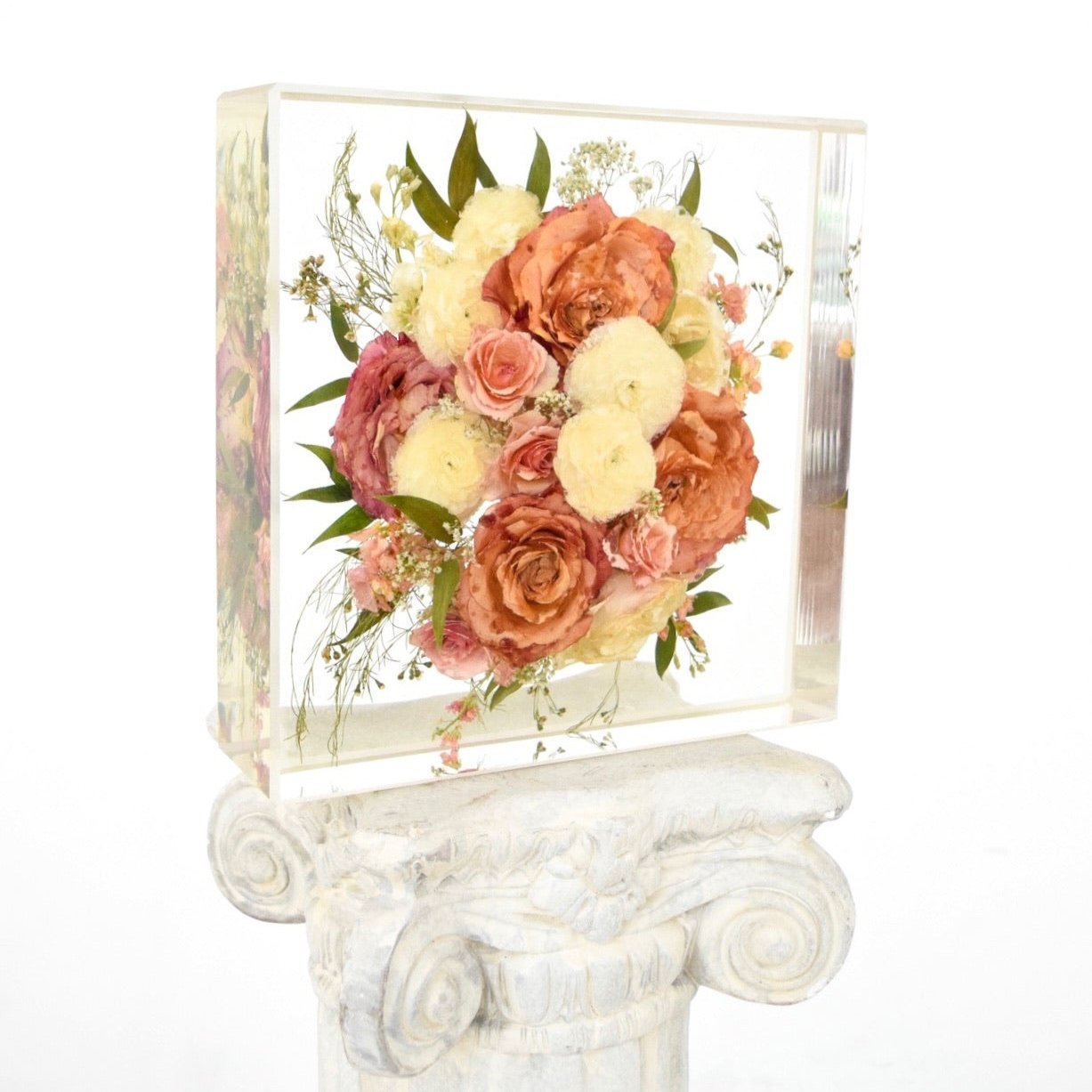Resin floral block 12x12 handcrafted with preserved wedding bouquet flowers by Blossom & Rhyme
