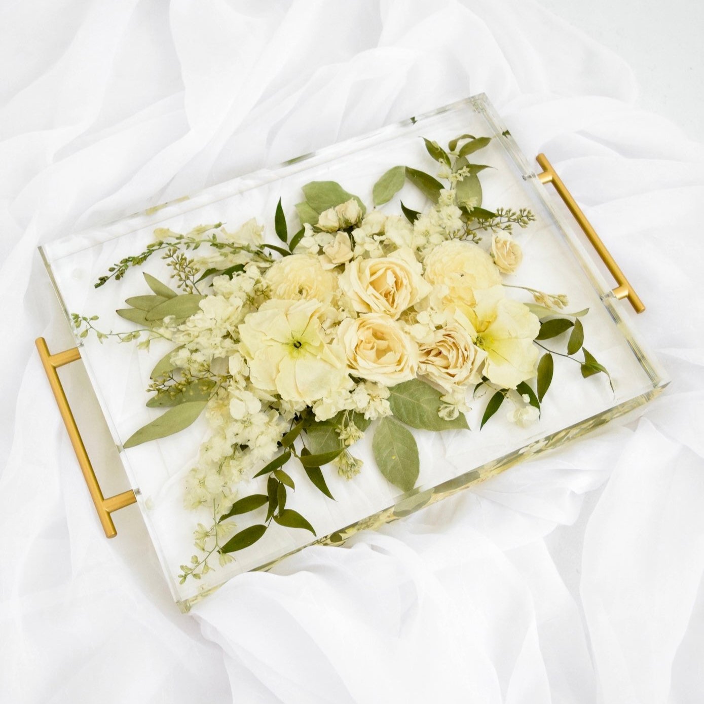 Resin floral tray handcrafted with preserved wedding bouquet flowers by Blossom & Rhyme