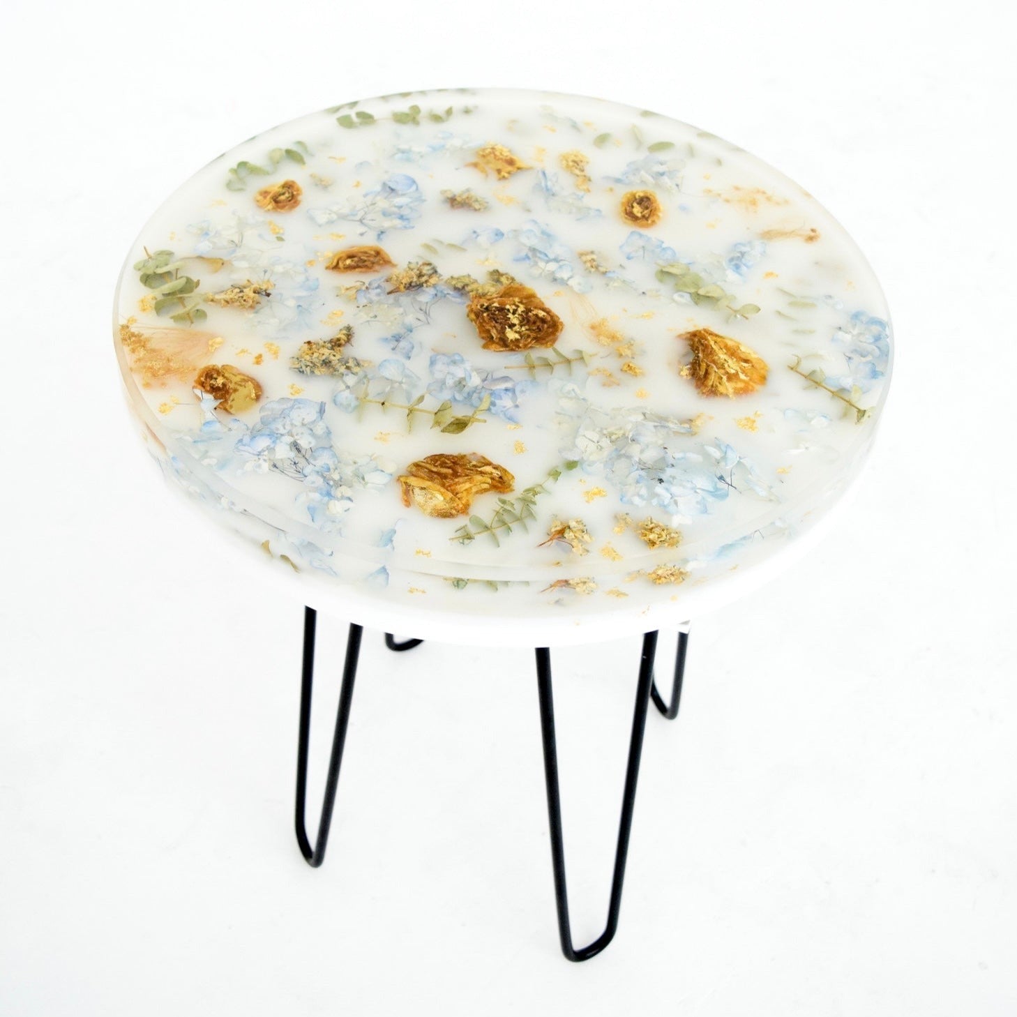 Round floral side table handcrafted with preserved wedding bouquet flowers by Blossom & Rhyme
