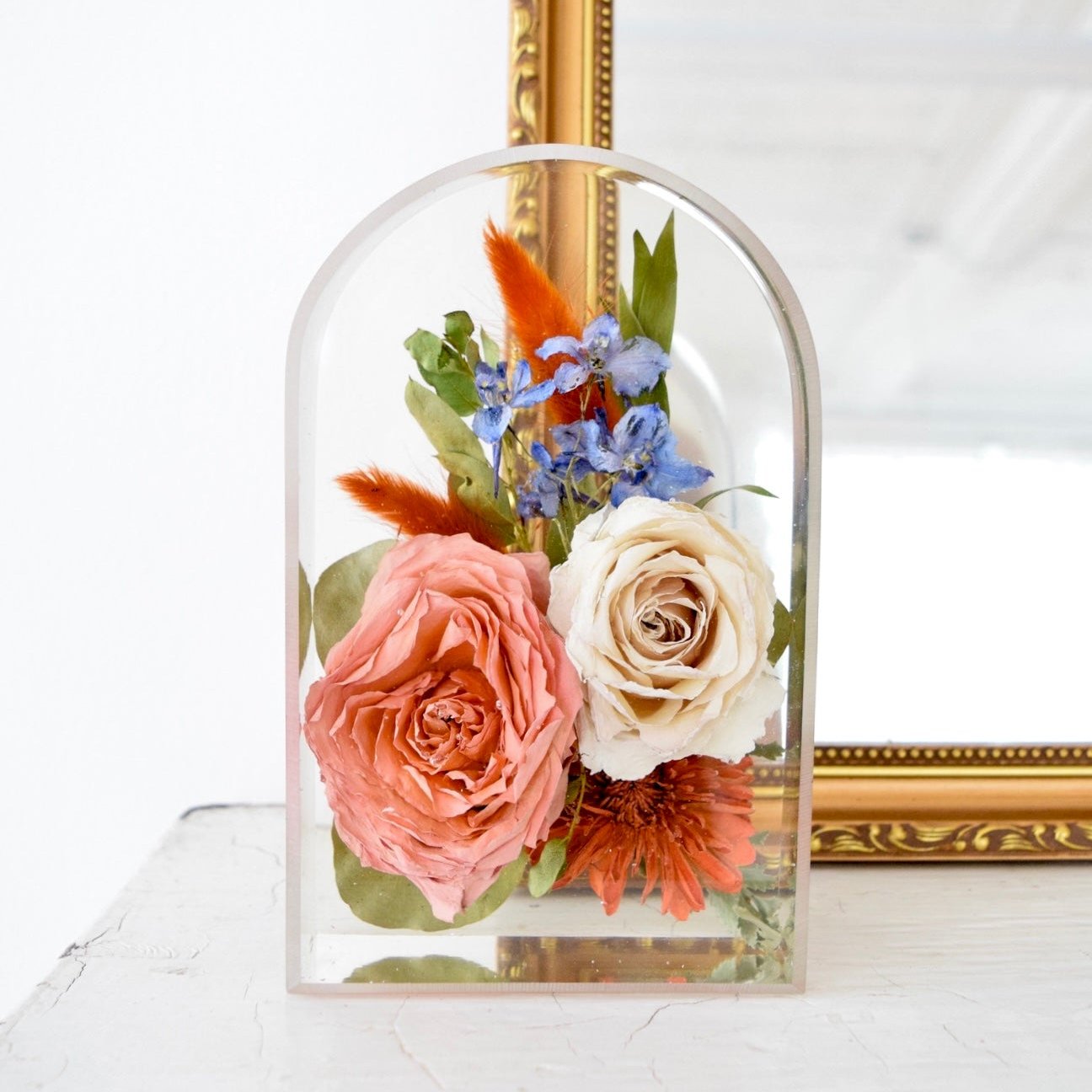 Small resin floral arch handcrafted with preserved wedding bouquet flowers by Blossom & Rhyme