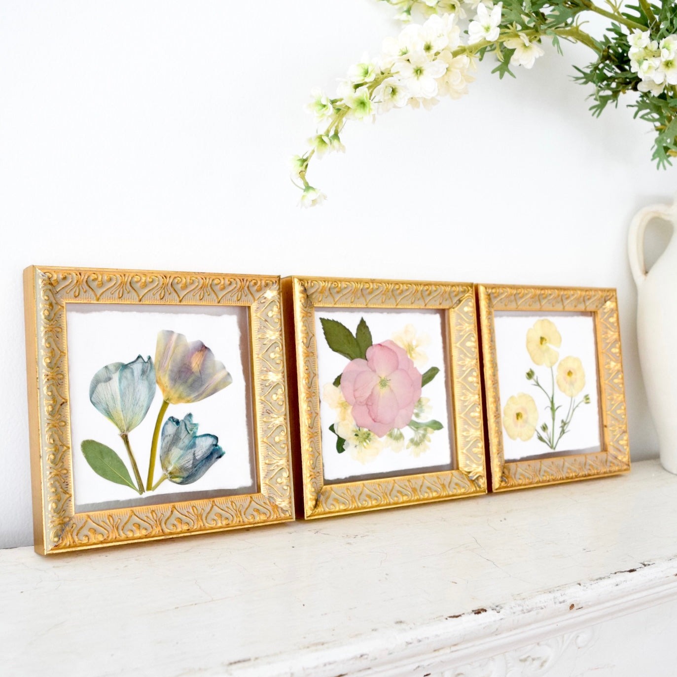 Trio collage of pressed floral frames handcrafted with preserved wedding bouquet flowers by Blossom & Rhyme
