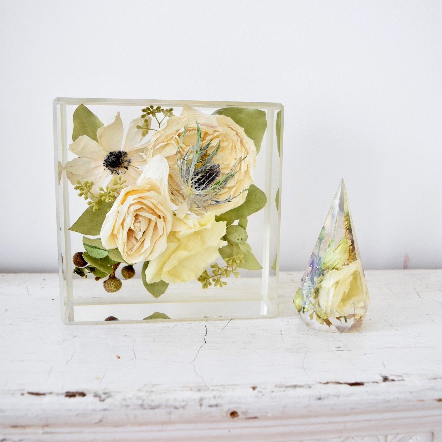 White Roses Mini Memories Collection featuring handcrafted preserved wedding flower keepsakes by Blossom & Rhyme