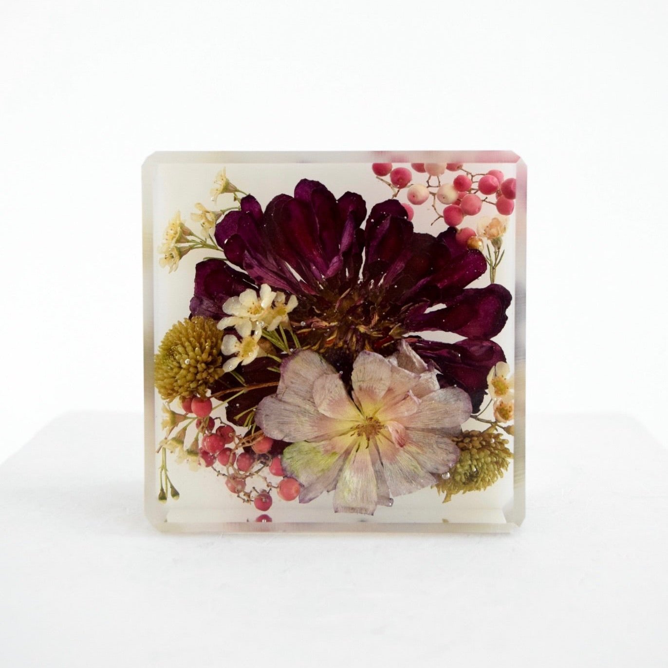 Mini resin floral block handcrafted with preserved wedding bouquet flowers by Blossom & Rhyme