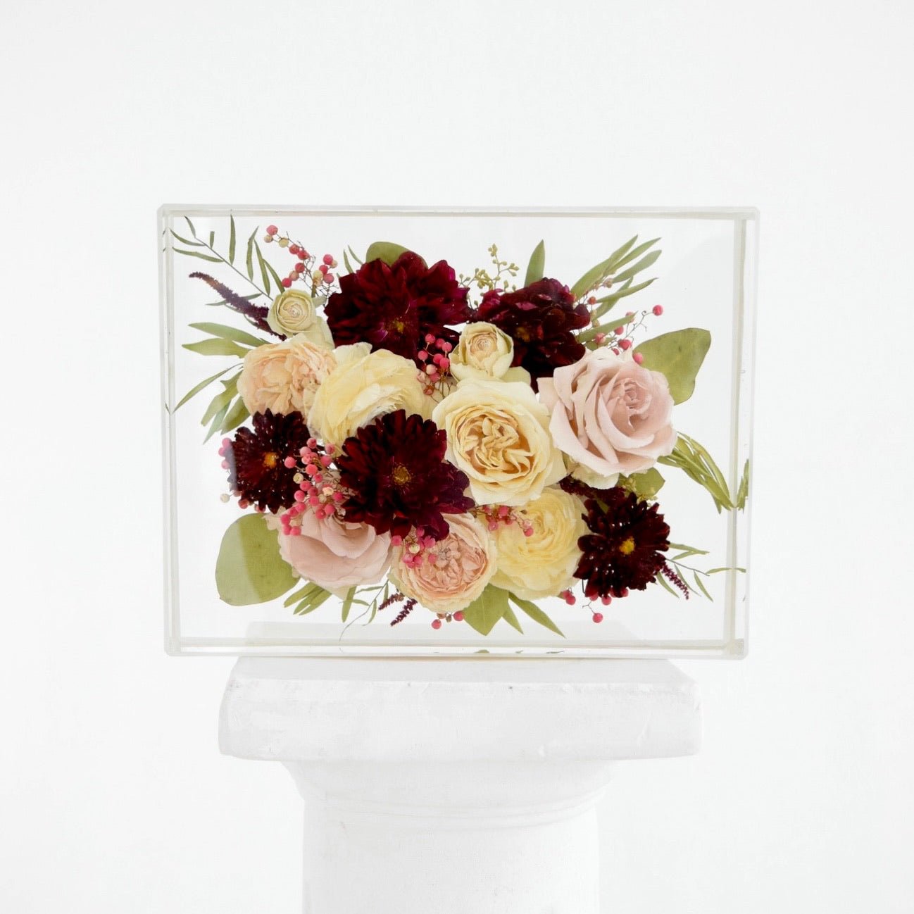 Large floral rectangle preserving ivory roses, blush blooms, burgundy flowers, eucalyptus, and delicate accents in clear resin, handcrafted by Blossom & Rhyme