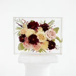 Large floral rectangle preserving ivory roses, blush blooms, burgundy flowers, eucalyptus, and delicate accents in clear resin, handcrafted by Blossom & Rhyme
