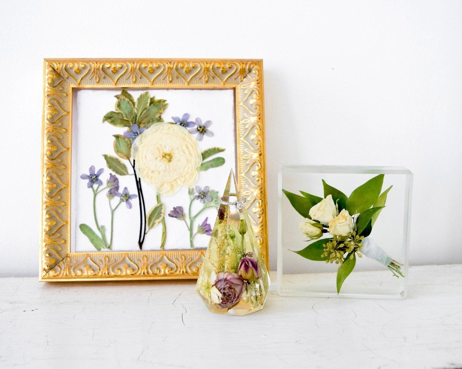 Petite Petals Collection featuring handcrafted resin and pressed flower keepsakes created from preserved wedding bouquets by Blossom & Rhyme
